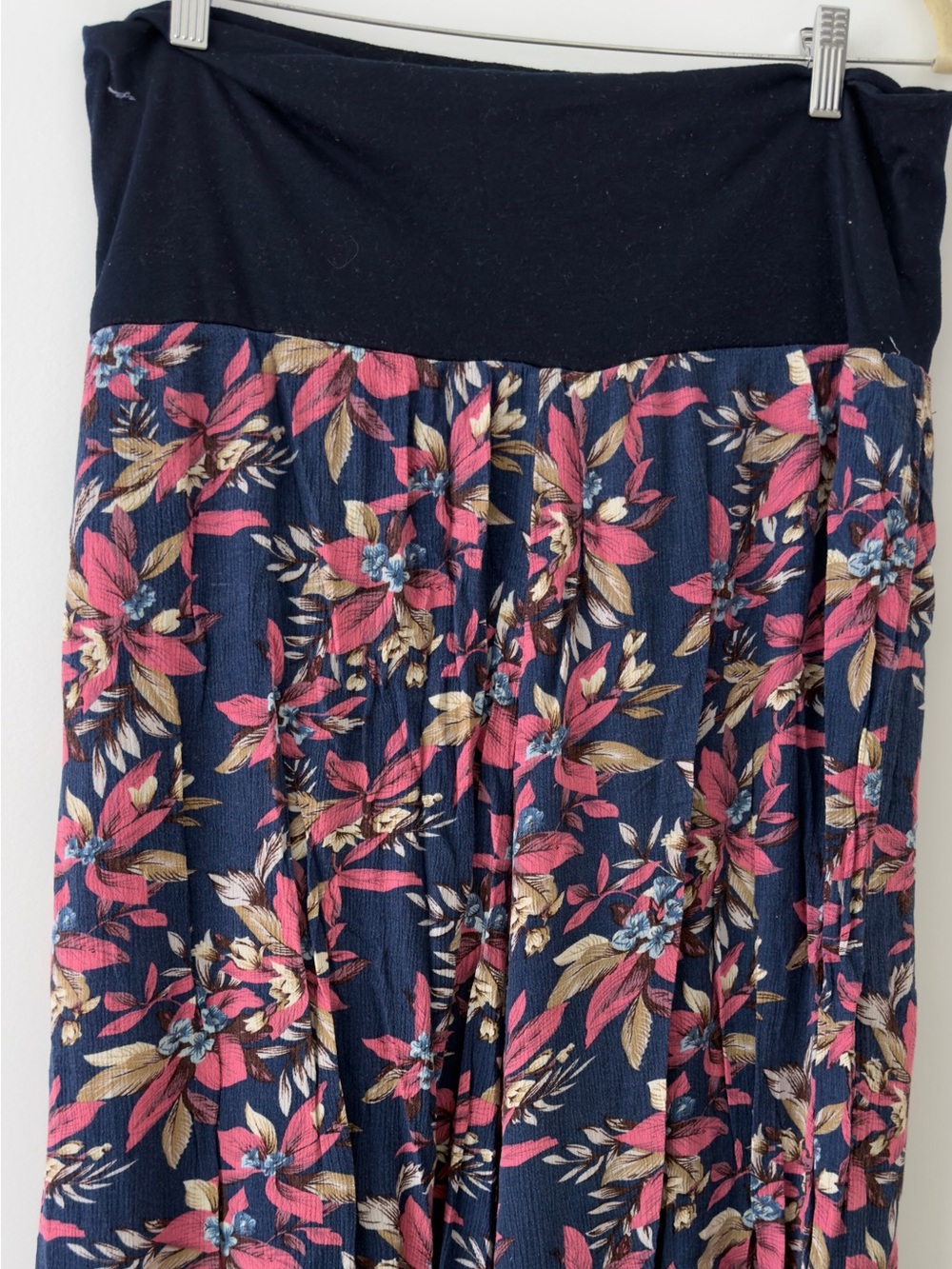 Navy Floral Maxi Skirt with Pink & Tan Blooms - Size XL